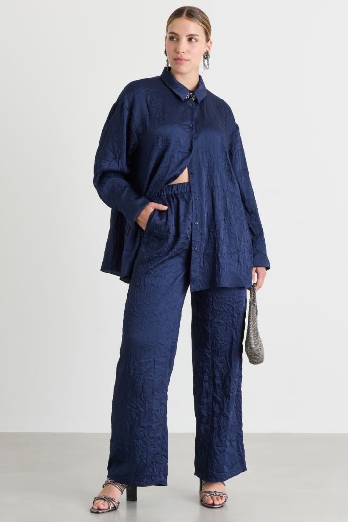 Crinkle Twill Trousers - BLUE - Intrend