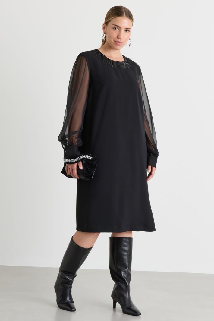 Stretch Cady and Chiffon Dress - BLACK - Intrend