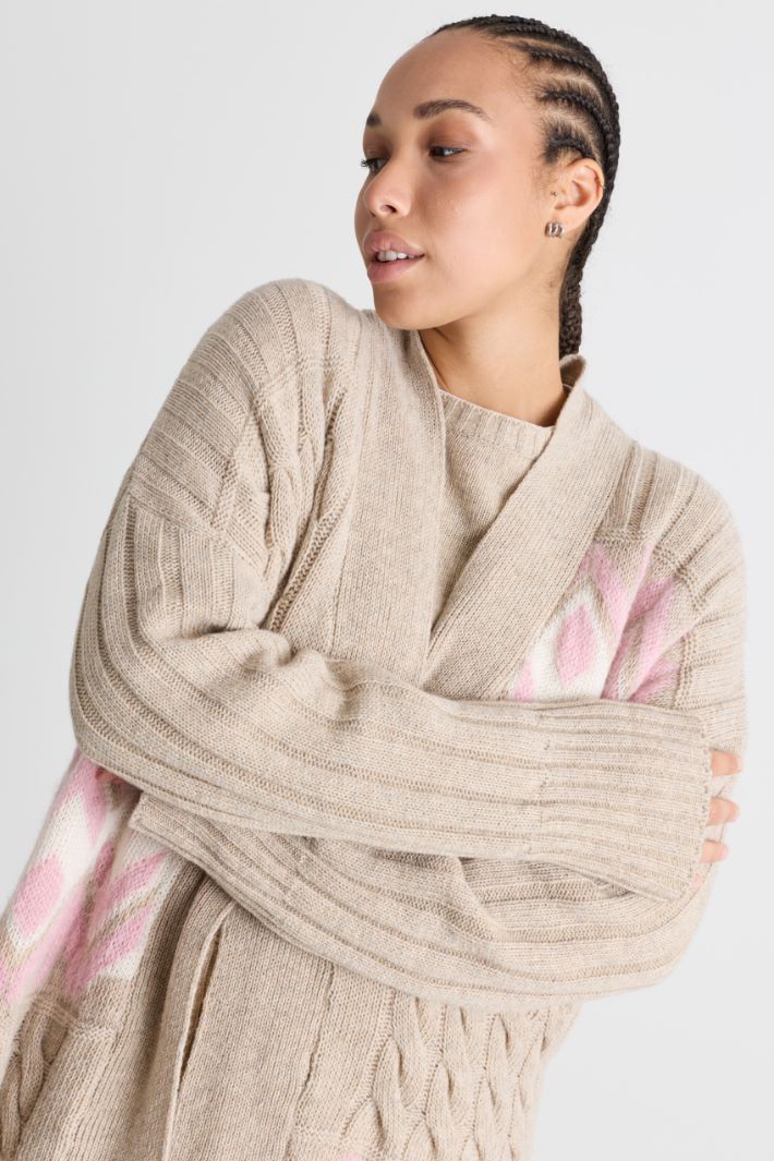 Jacquard cable-knit coat - BEIGE - Intrend - 3