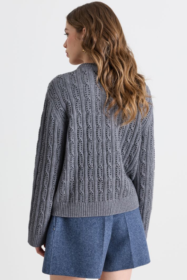 Rhinestone-embellished cable-knit cardigan - GREY - Intrend - 4