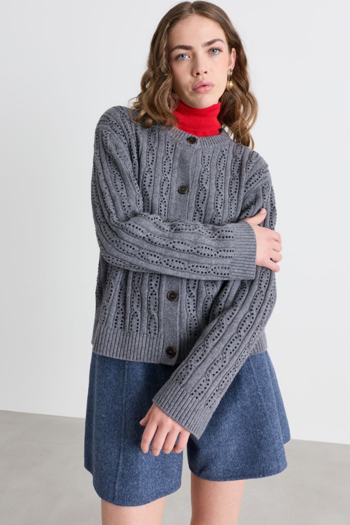 Rhinestone-embellished cable-knit cardigan - GREY - Intrend - 2