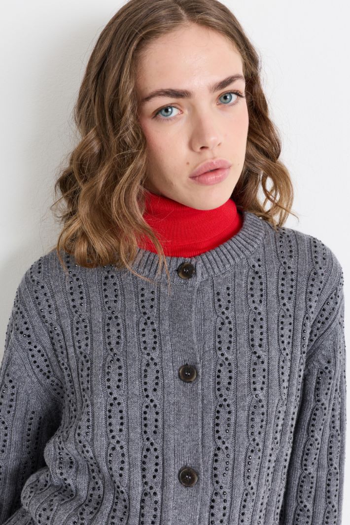 Rhinestone-embellished cable-knit cardigan - GREY - Intrend - 3