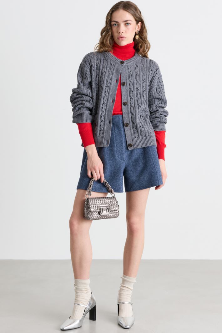 Rhinestone-embellished cable-knit cardigan - GREY - Intrend