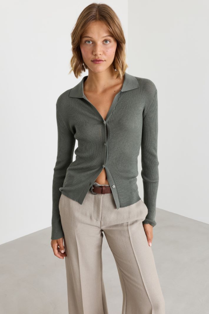 Lightweight rib-knit cardigan - GREEN - Intrend - 2