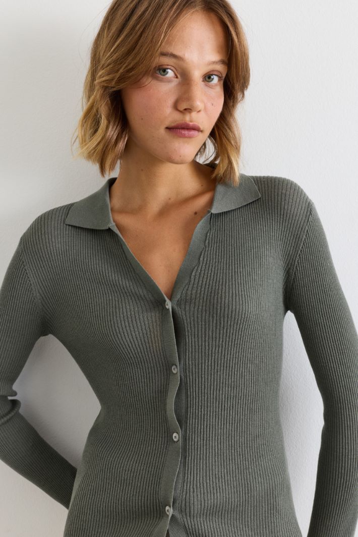 Lightweight rib-knit cardigan - GREEN - Intrend - 3