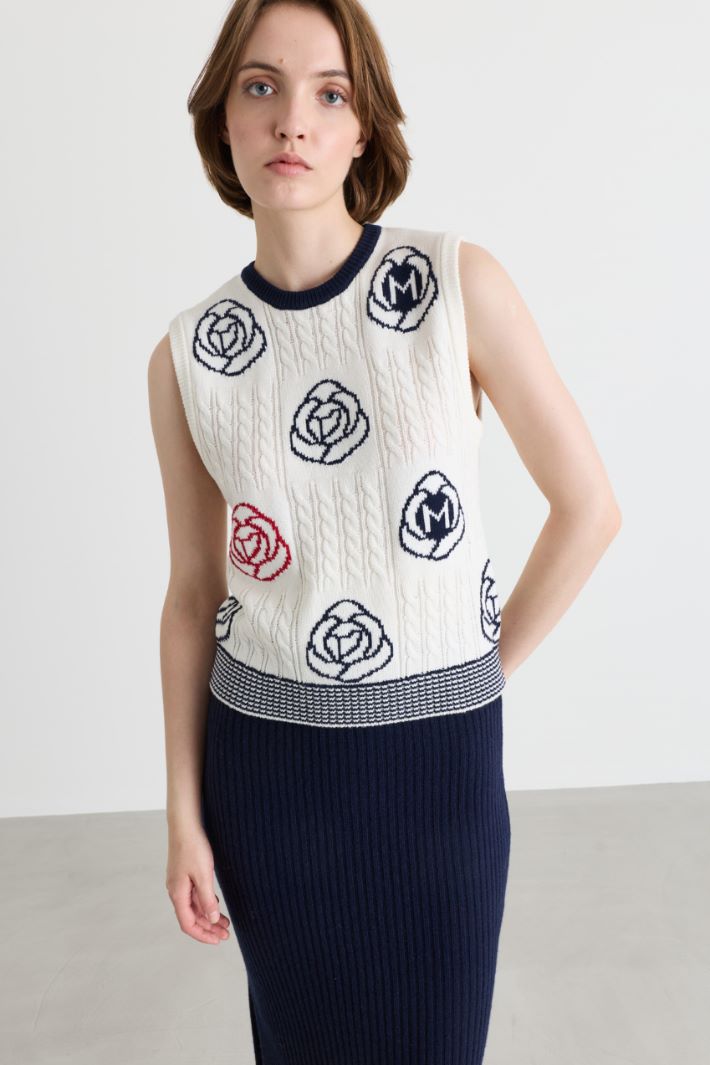 Floral jacquard knitted vest - WHITE RED BLACK - Intrend - 2