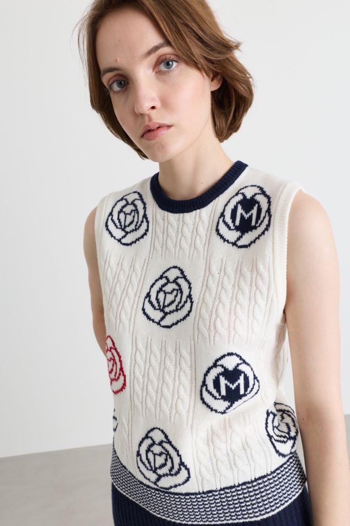 Floral jacquard knitted vest - WHITE RED BLACK - Intrend - 3