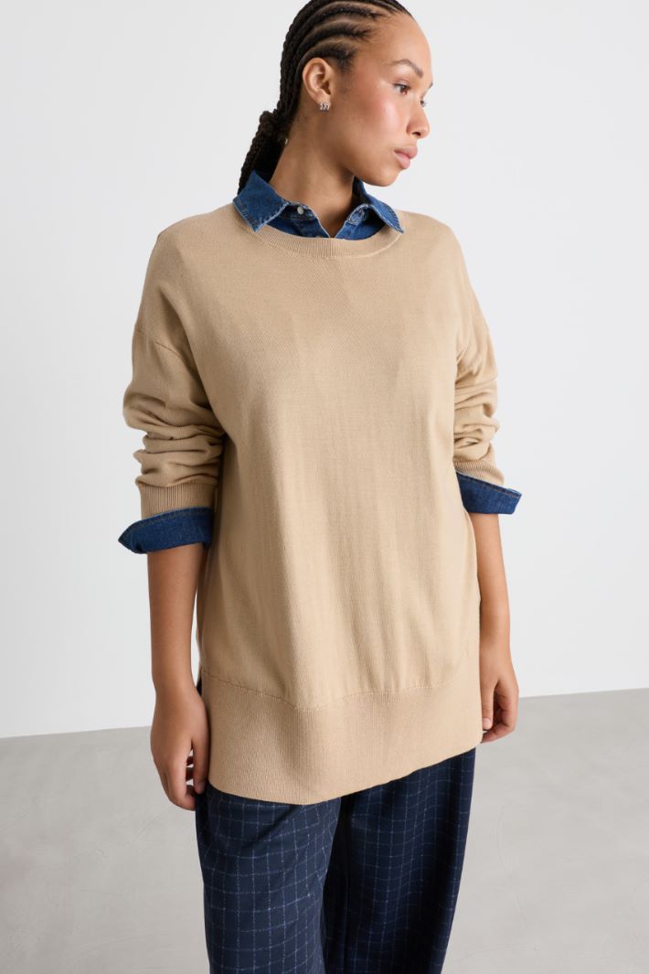 Oversized ribbed-trim jumper - BEIGE - Intrend - 2
