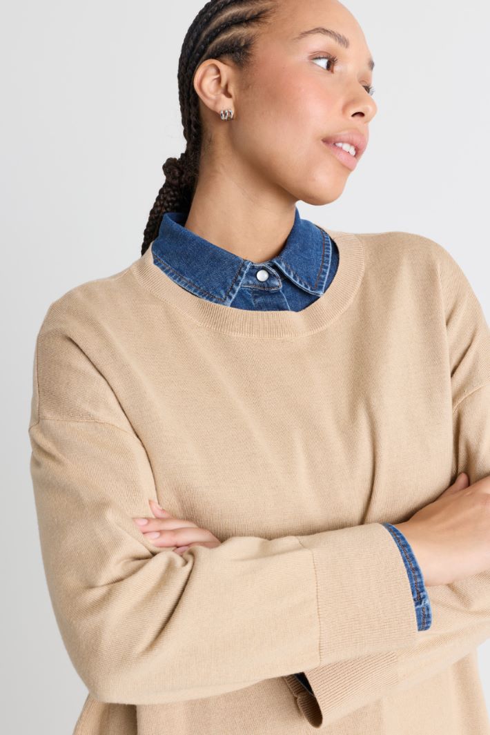 Oversized ribbed-trim jumper - BEIGE - Intrend - 3