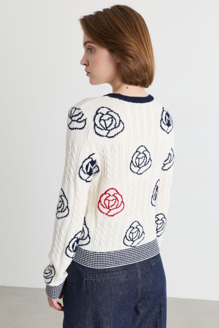 Cable-knit and floral jacquard jumper - WHITE BLACK RED - Intrend - 4