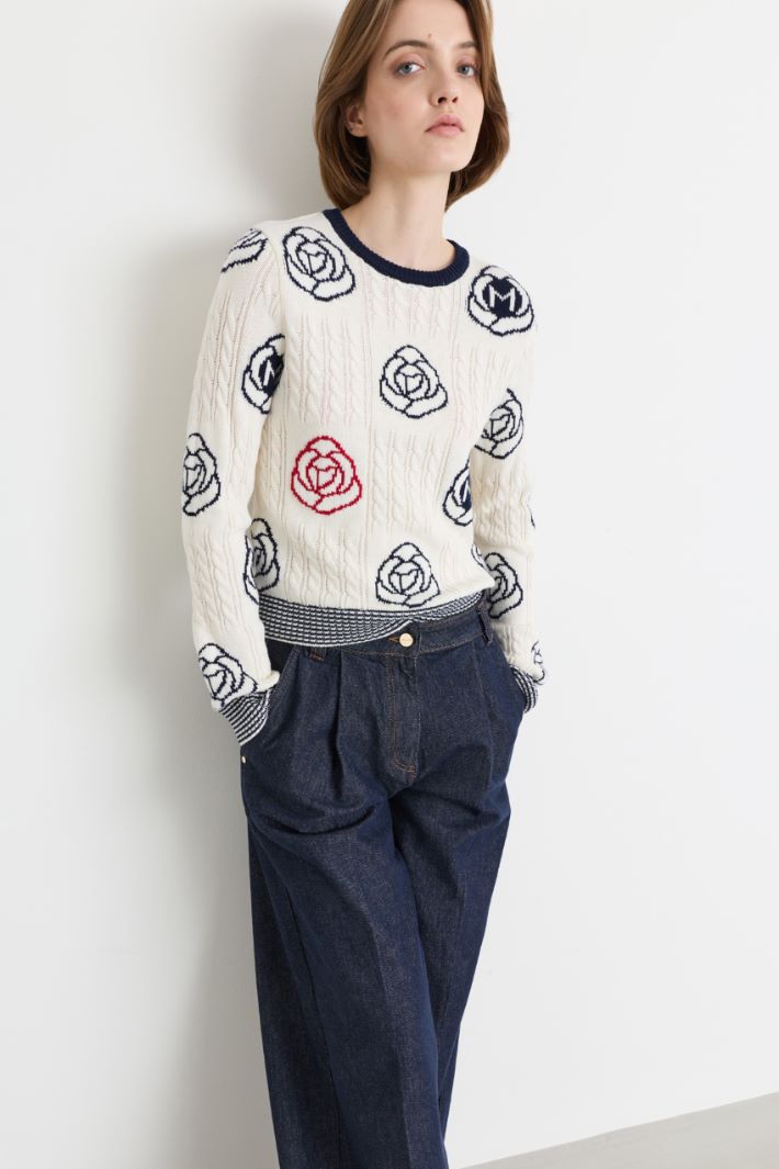 Cable-knit and floral jacquard jumper - WHITE BLACK RED - Intrend - 2