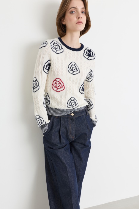 Cable-knit and floral jacquard jumper - Intrend