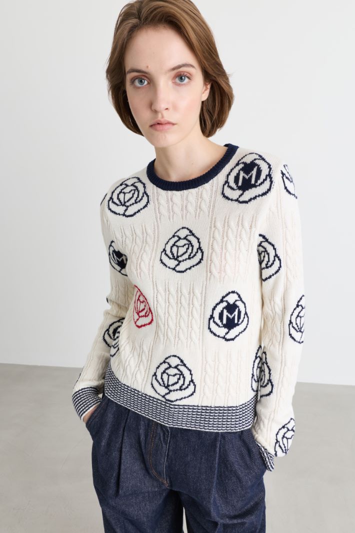 Cable-knit and floral jacquard jumper - WHITE BLACK RED - Intrend - 3