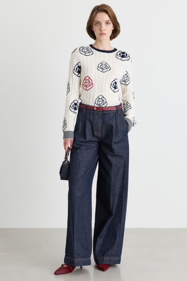 Cable-knit and floral jacquard jumper - WHITE BLACK RED - Intrend
