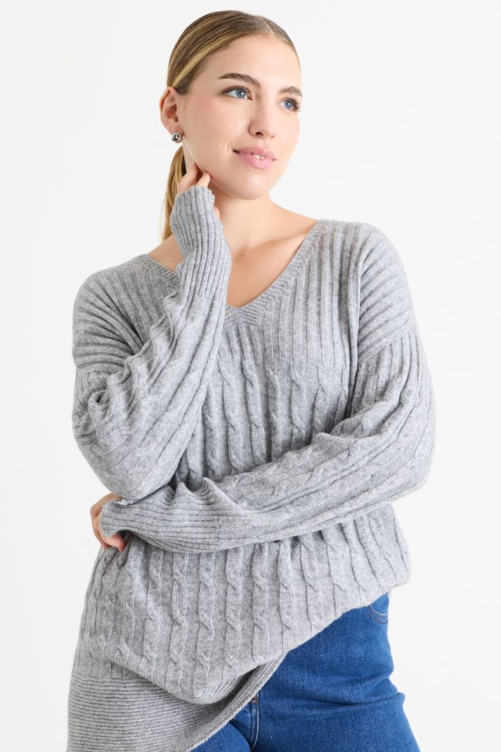Pull oversize à torsades et maille côtelée - GRIS - Intrend - 2