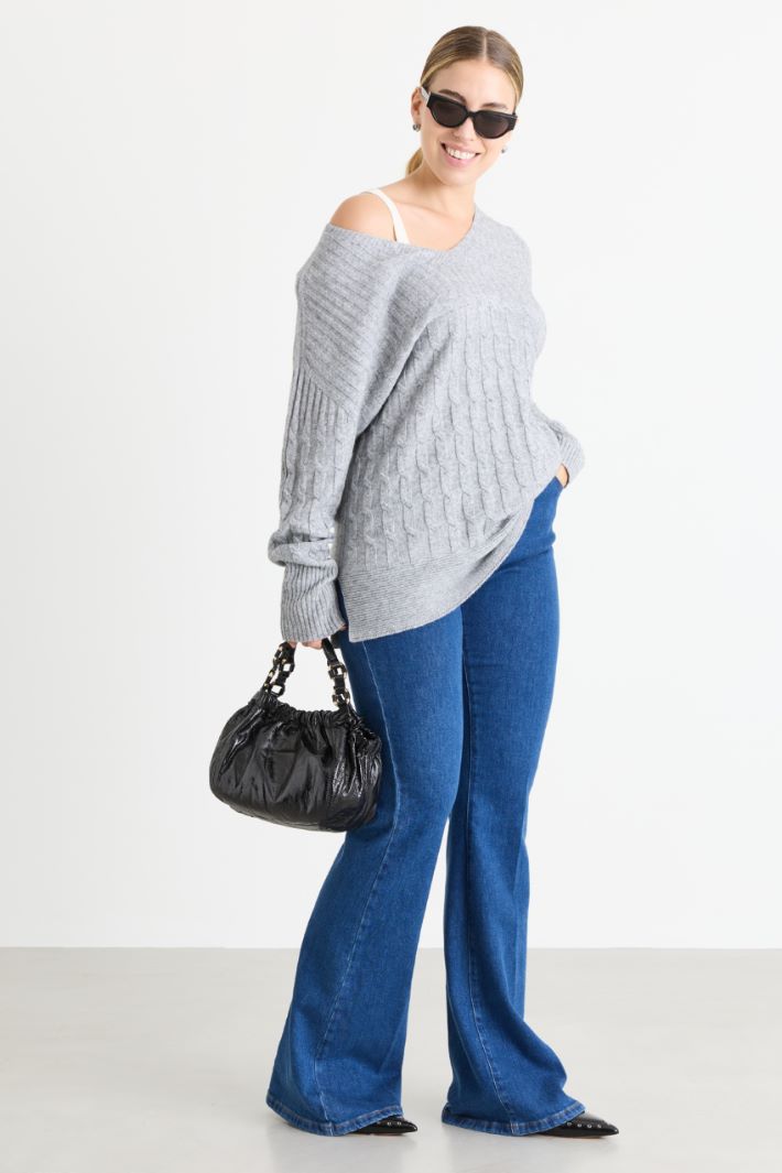 Pull oversize à torsades et maille côtelée - GRIS - Intrend
