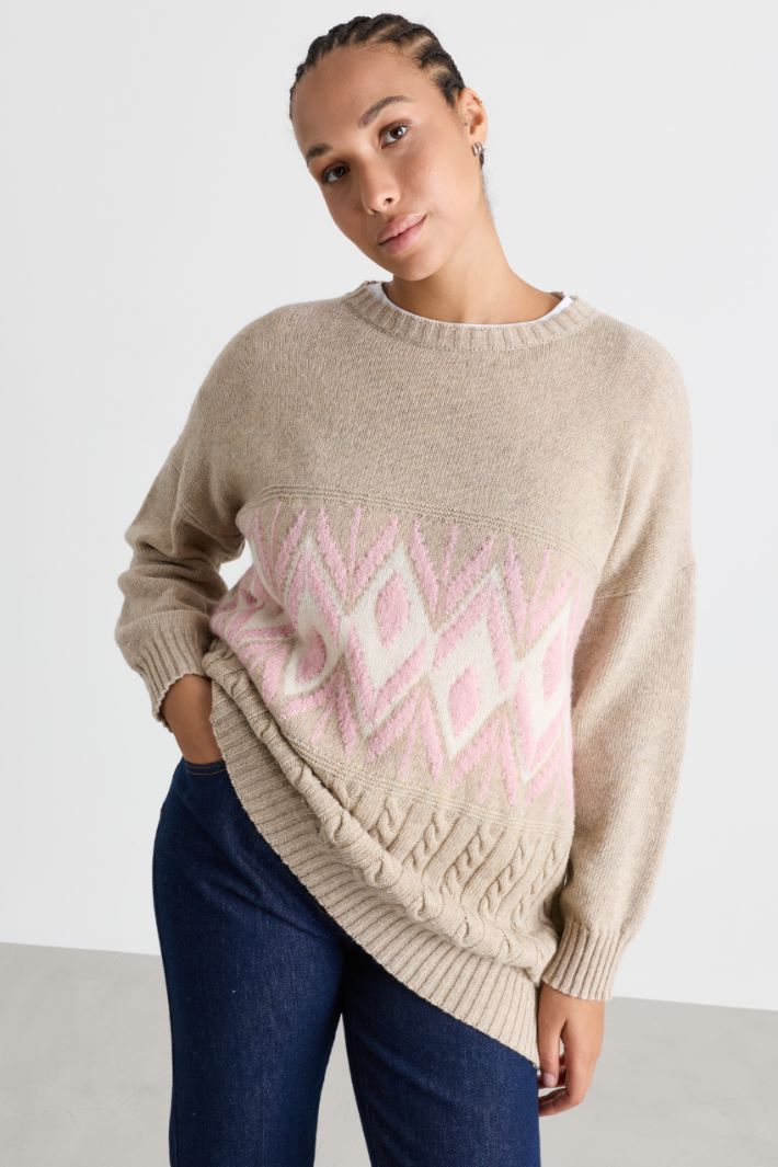 Jacquard-Pullover mit Zopfmuster - BEIGE ROSA WEISS - Intrend - 2