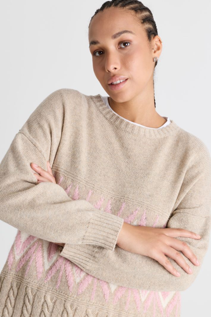 Jacquard-Pullover mit Zopfmuster - BEIGE ROSA WEISS - Intrend - 3