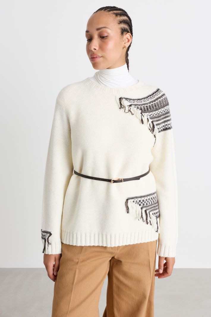 Pull jacquard à franges - BLANC MARRON - Intrend - 2