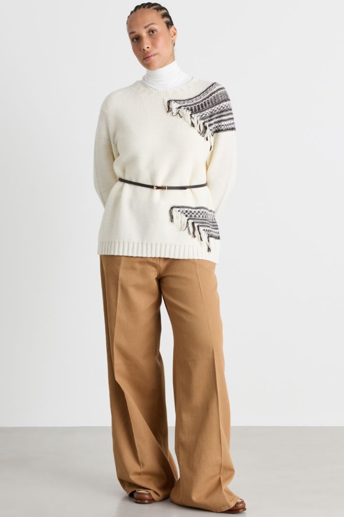 Pull jacquard à franges - BLANC MARRON - Intrend