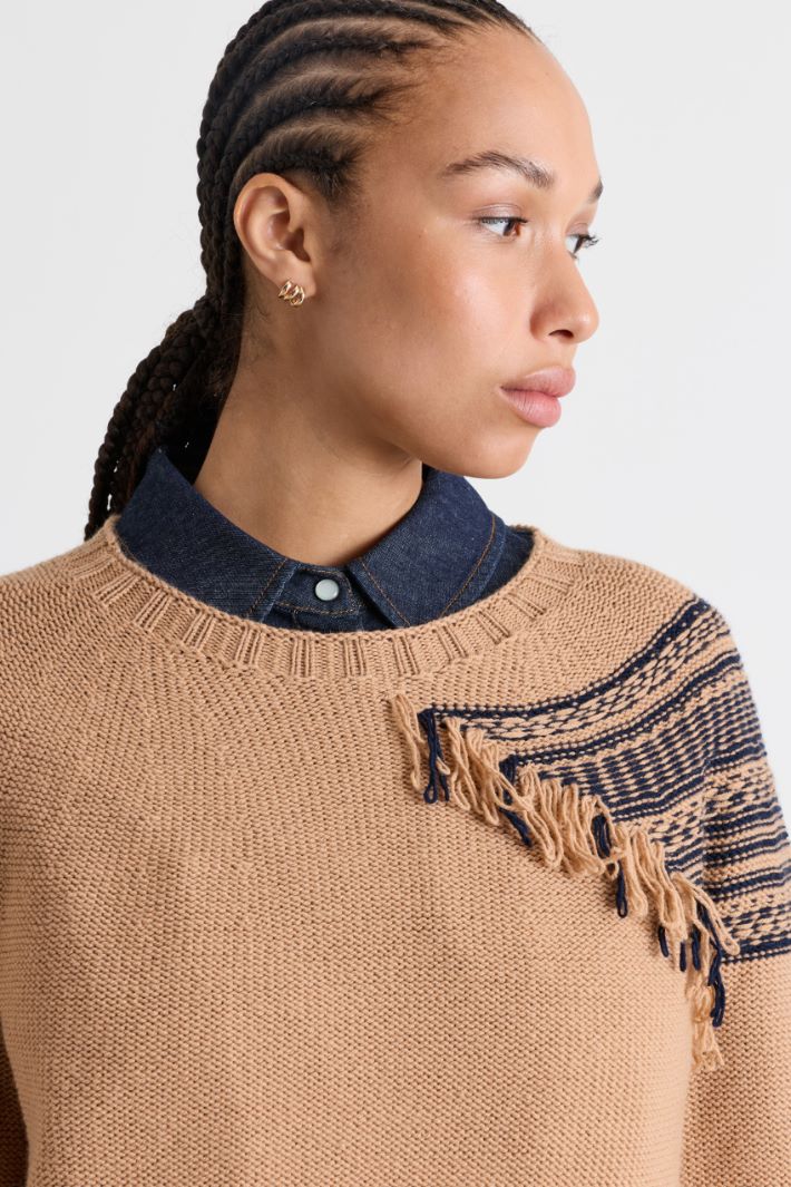 Fringed jacquard jumper - CAMEL BLUE - Intrend - 3