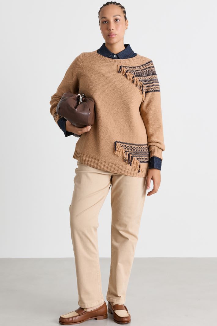 Fringed jacquard jumper - CAMEL BLUE - Intrend