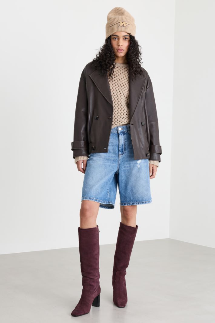 Aged-effect leather short double-breasted coat - BROWN - Intrend
