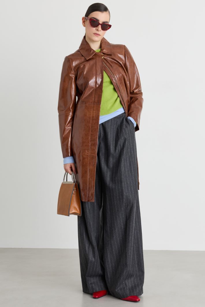 Leather coat with concealed zip - BROWN - Intrend