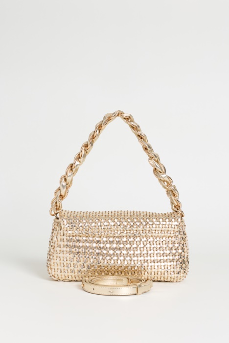 Borsa in tessuto intrecciato su rete di strass