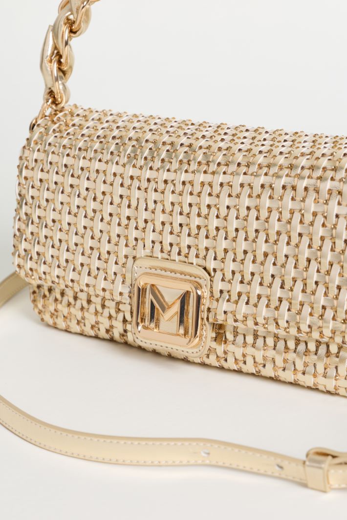 Woven Fabric Bag with Rhinestone Mesh - GOLD - Intrend - 4