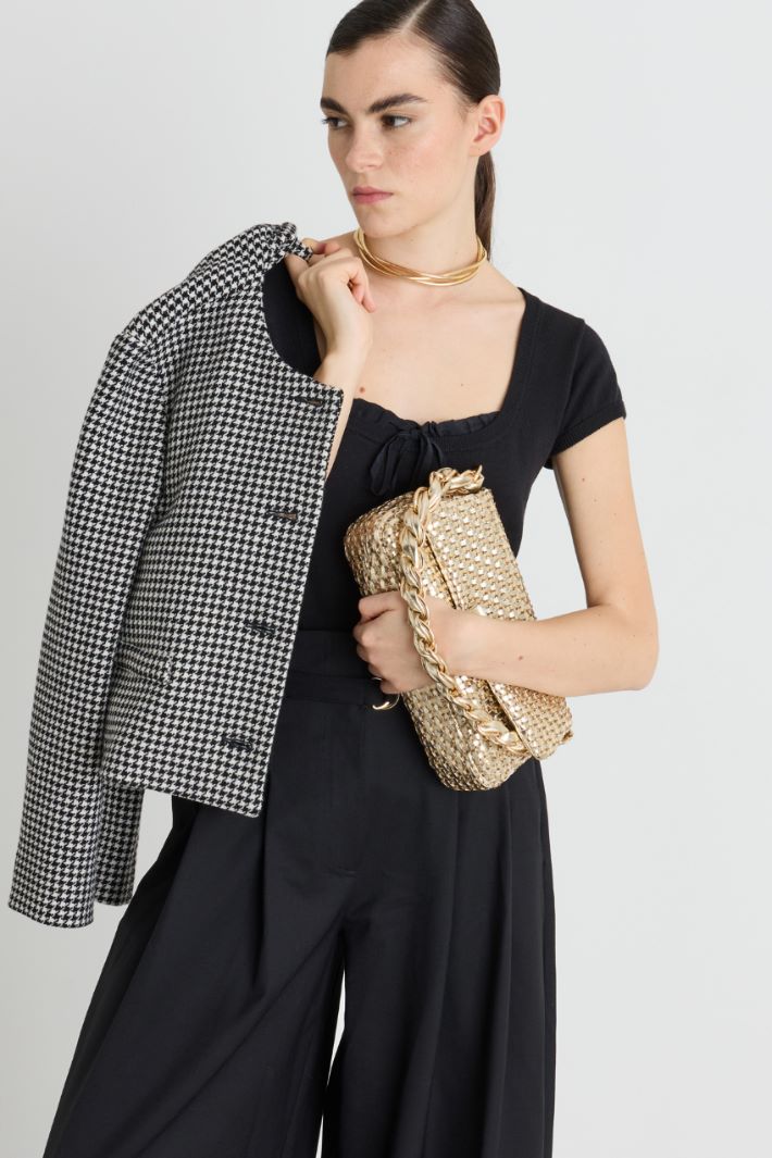 Woven Fabric Bag with Rhinestone Mesh - GOLD - Intrend - 5