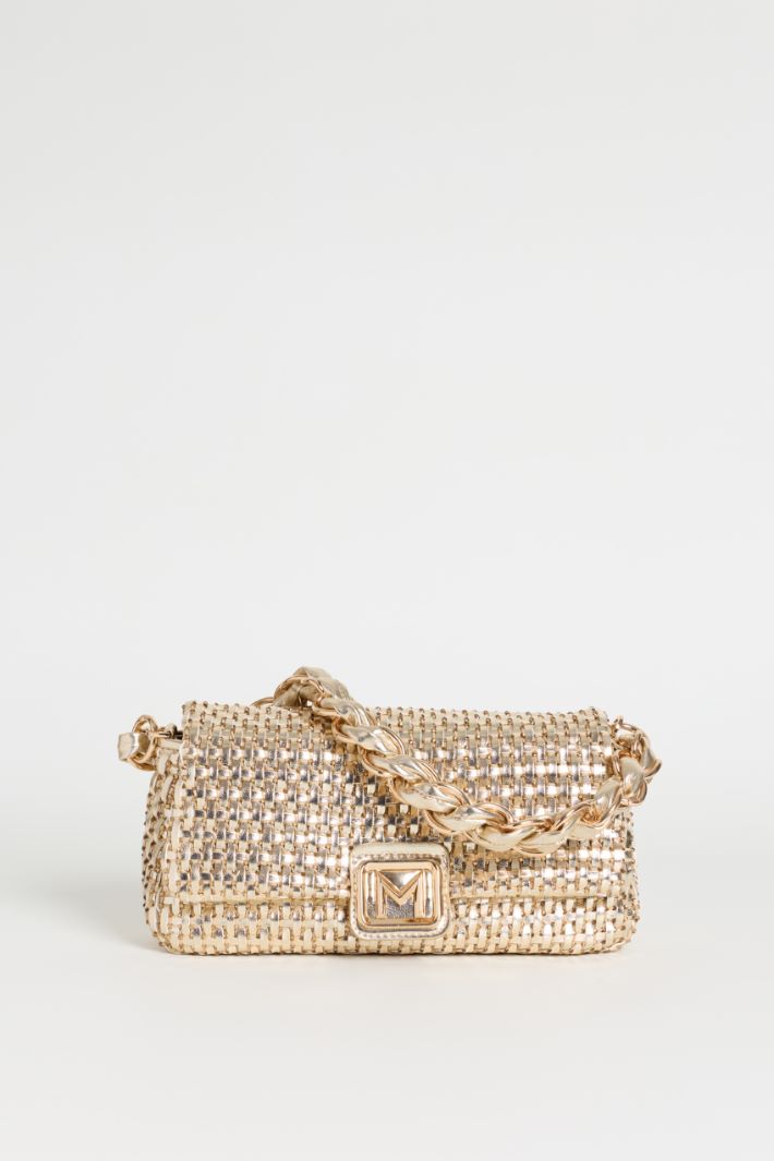 Woven Fabric Bag with Rhinestone Mesh - GOLD - Intrend