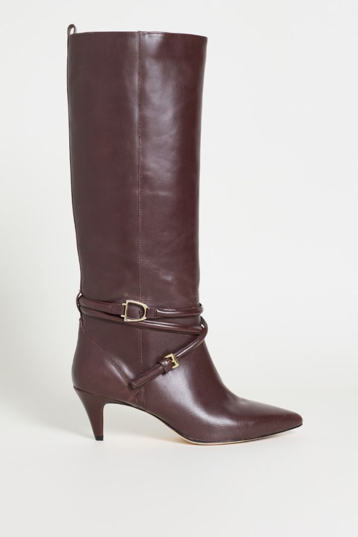 Leather Boots with Straps - BROWN - Intrend