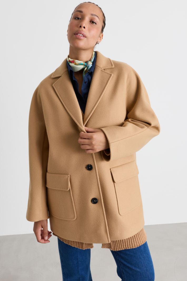 Stretch jersey short double-breasted wool coat - CAMEL - Intrend - 2