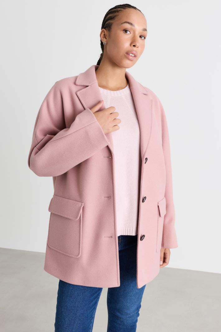 Stretch jersey short double-breasted wool coat - PINK - Intrend - 2