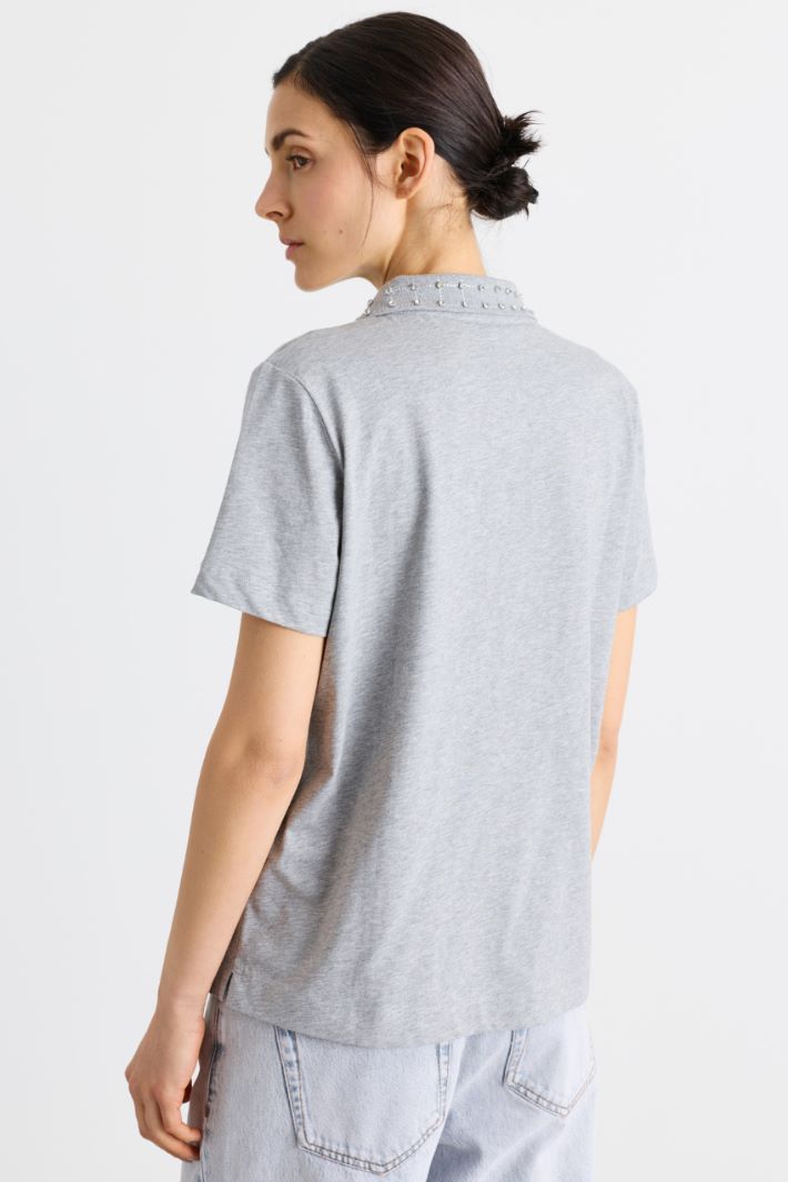 Rhinestone-Embellished Polo Shirt - GREY - Intrend - 4
