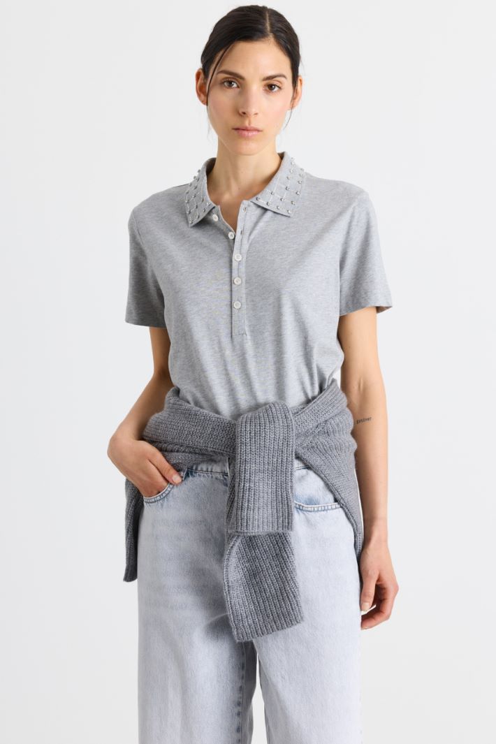 Rhinestone-Embellished Polo Shirt - GREY - Intrend - 2