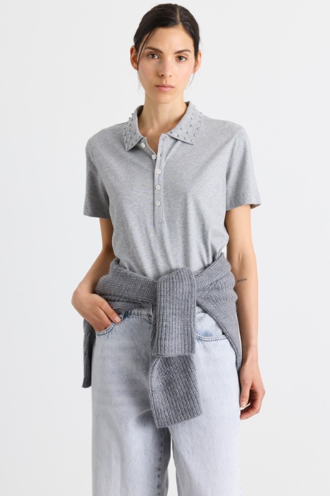 Rhinestone-Embellished Polo Shirt - Intrend
