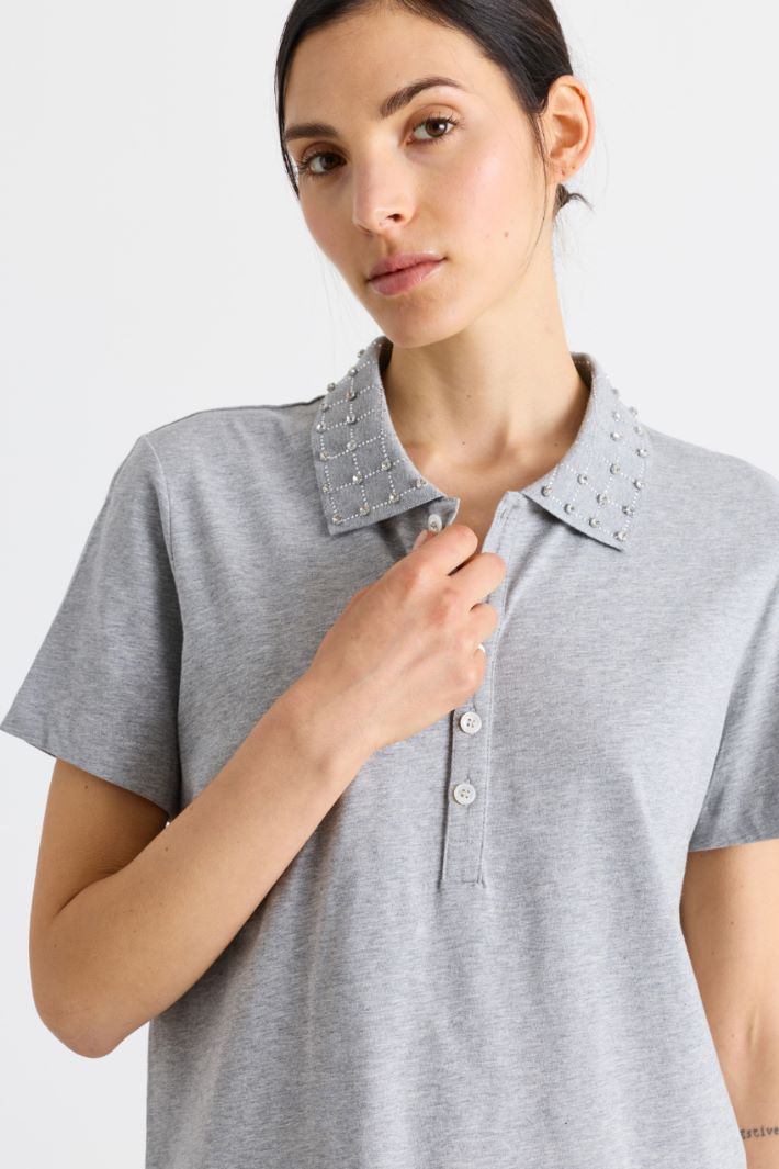 Rhinestone-Embellished Polo Shirt - GREY - Intrend - 3