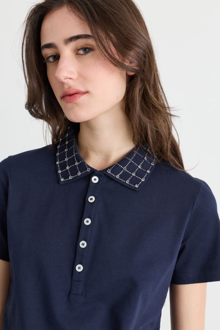 Rhinestone-Embellished Polo Shirt - BLUE - Intrend - 3