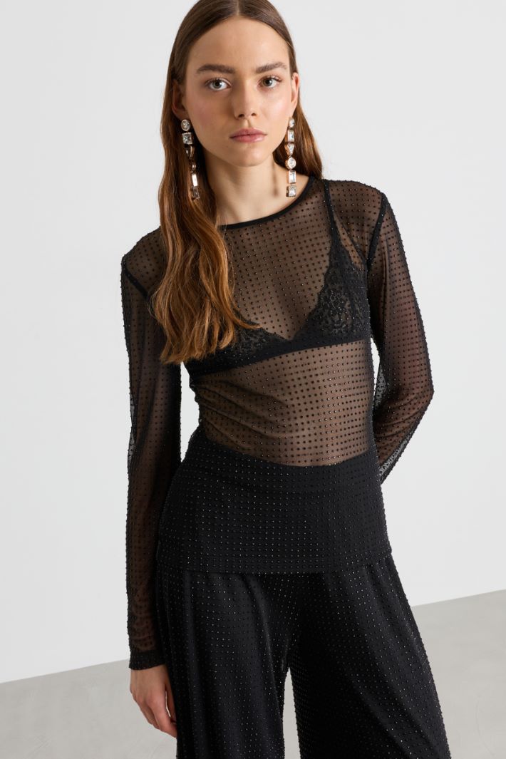 T-shirt in tulle con cristalli - NERO - Intrend - 2