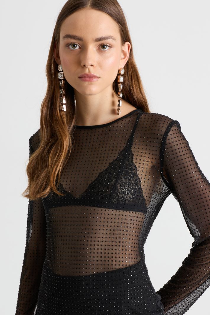 T-shirt in tulle con cristalli - NERO - Intrend - 3