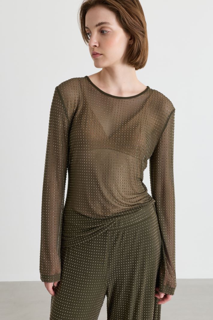 T-shirt in tulle con cristalli - VERDE - Intrend - 2