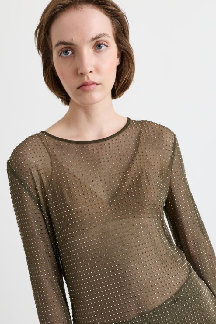 T-shirt in tulle con cristalli - VERDE - Intrend - 3