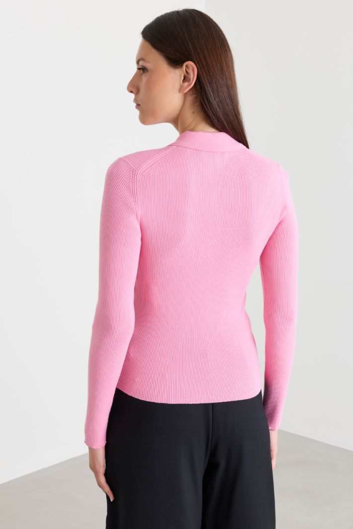 Jewel-Button Knitted Polo - PINK - Intrend - 4