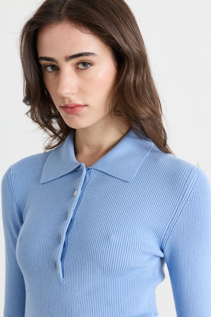 Jewel-Button Knitted Polo - LIGHT BLUE - Intrend - 3