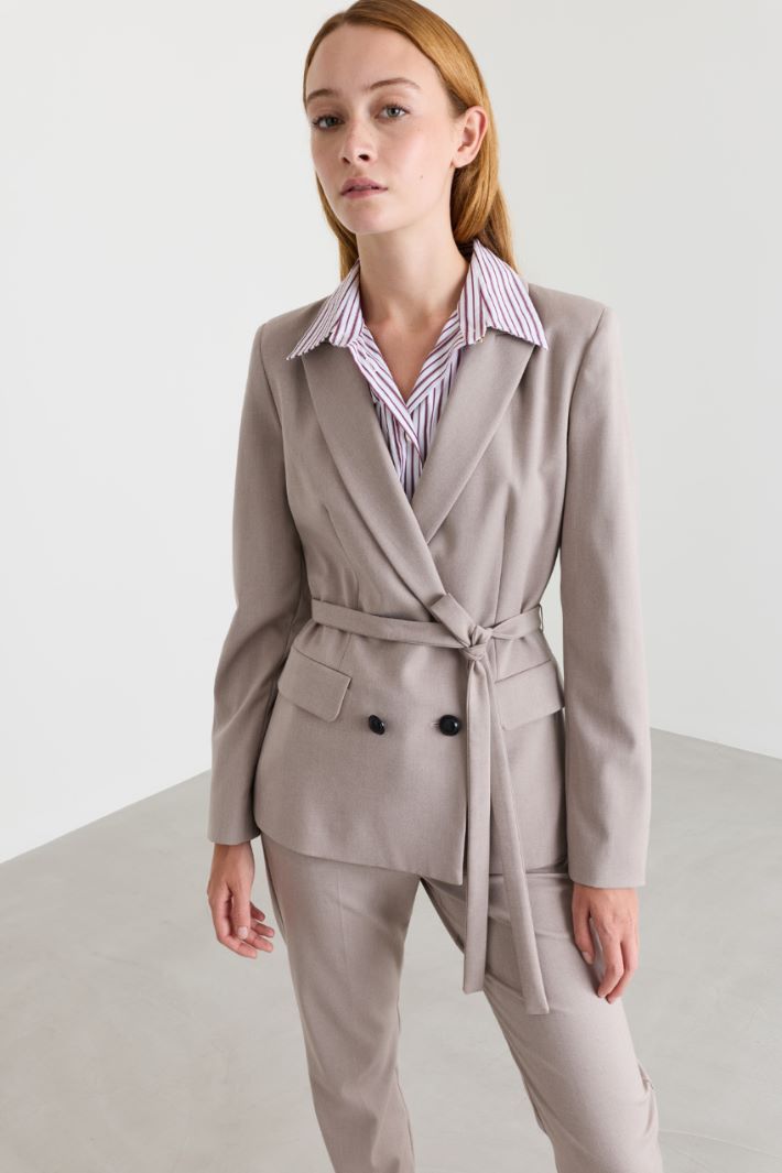 Double-breasted flannel blazer with belt - BEIGE - Intrend - 3