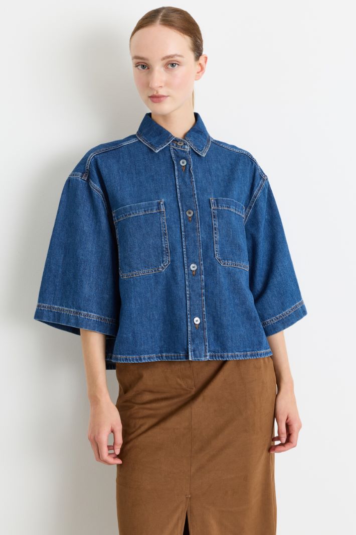 Camicia crop con manica a tre quarti - BLU - Intrend - 2