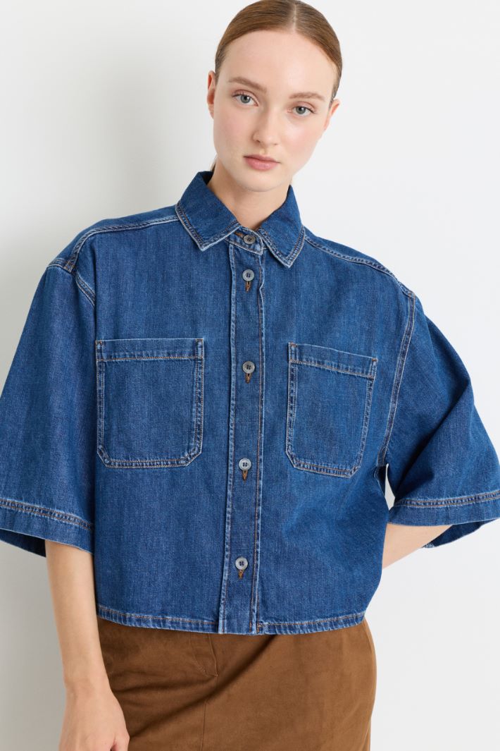 Camicia crop con manica a tre quarti - BLU - Intrend - 3