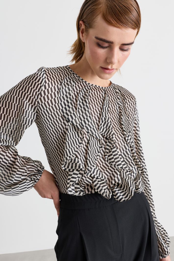 Ruffled blouse - BLACK WHITE - Intrend - 3